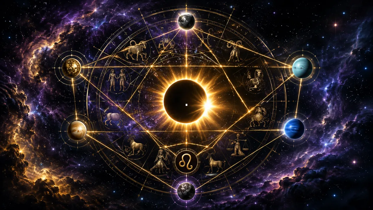 Imagem ilustrativa do eclipse solar de 12 de agosto de 2026, com roda zodiacal e representação simbólica da configuração envolvendo Mercúrio, Vênus, Urano, Netuno e Plutão Imagem ilustrativa do eclipse solar de 12 de agosto de 2026, com roda zodiacal e representação simbólica da configuração envolvendo Mercúrio, Vênus, Urano, Netuno e Plutão