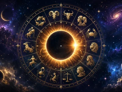 Imagem ilustrativa do eclipse solar de 12 de agosto de 2026, com eclipse central e referências aos 12 signos do zodíaco em composição celestial