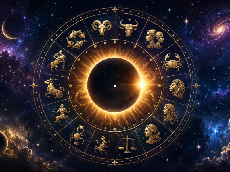 Imagem ilustrativa do eclipse solar de 12 de agosto de 2026, com eclipse central e referências aos 12 signos do zodíaco em composição celestial