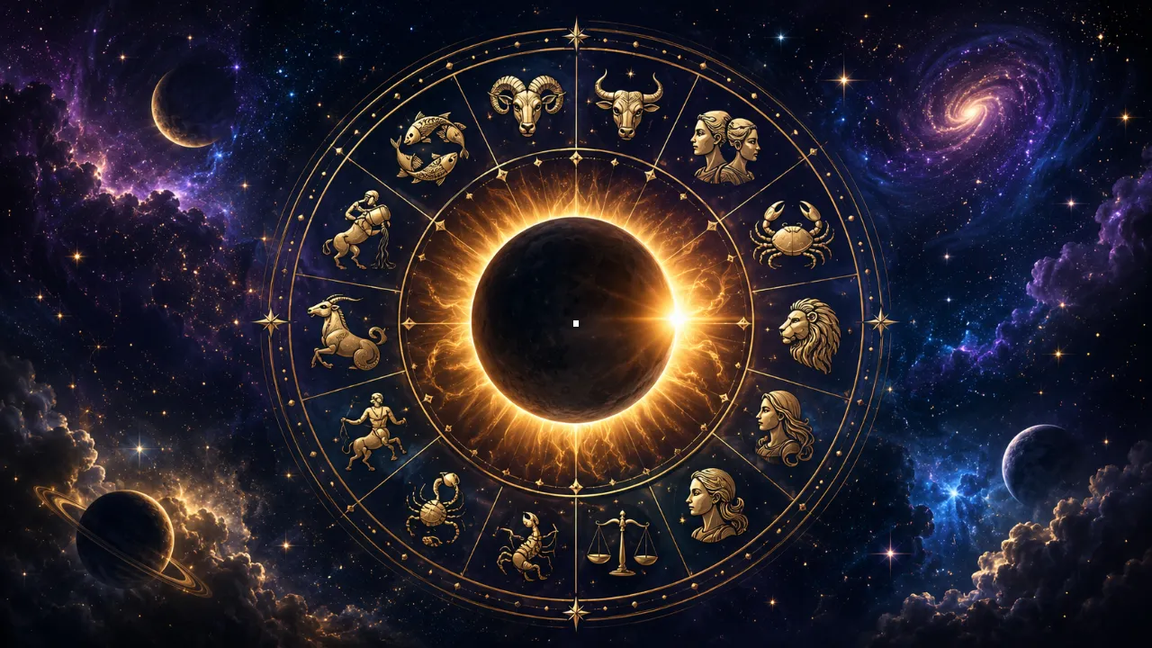 Imagem ilustrativa do eclipse solar de 12 de agosto de 2026, com eclipse central e referências aos 12 signos do zodíaco em composição celestial