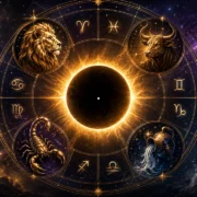 Imagem ilustrativa do eclipse solar de 12 de agosto de 2026 com referências astrológicas aos signos de Leão, Touro, Escorpião e Aquário, considerados os quatro signos fixos do zodíaco