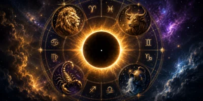 Imagem ilustrativa do eclipse solar de 12 de agosto de 2026 com referências astrológicas aos signos de Leão, Touro, Escorpião e Aquário, considerados os quatro signos fixos do zodíaco