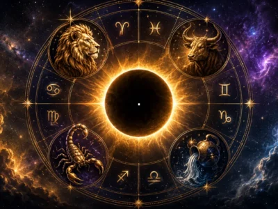 Imagem ilustrativa do eclipse solar de 12 de agosto de 2026 com referências astrológicas aos signos de Leão, Touro, Escorpião e Aquário, considerados os quatro signos fixos do zodíaco