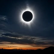 Imagem de eclipse solar total, com a Lua encobrindo o disco do Sol e deixando visível a coroa solar. O fenômeno ocorre em 12 de agosto de 2026 e pode ser observado em áreas do Hemisfério Norte, enquanto o Brasil permanece fora da faixa de visibilidade