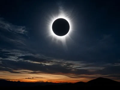 Imagem de eclipse solar total, com a Lua encobrindo o disco do Sol e deixando visível a coroa solar. O fenômeno ocorre em 12 de agosto de 2026 e pode ser observado em áreas do Hemisfério Norte, enquanto o Brasil permanece fora da faixa de visibilidade