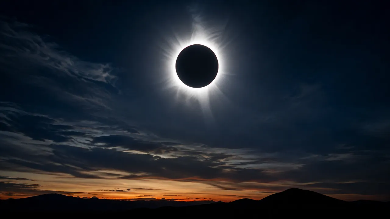 Imagem de eclipse solar total, com a Lua encobrindo o disco do Sol e deixando visível a coroa solar. O fenômeno ocorre em 12 de agosto de 2026 e pode ser observado em áreas do Hemisfério Norte, enquanto o Brasil permanece fora da faixa de visibilidade