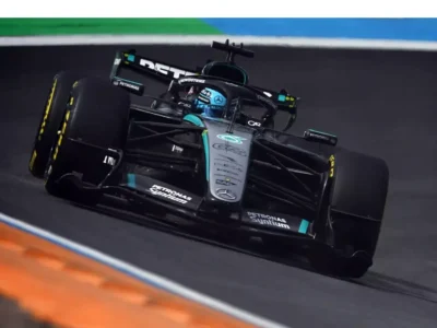 George Russell comemora vitória na sprint do GP da Holanda de F1 em Zandvoort