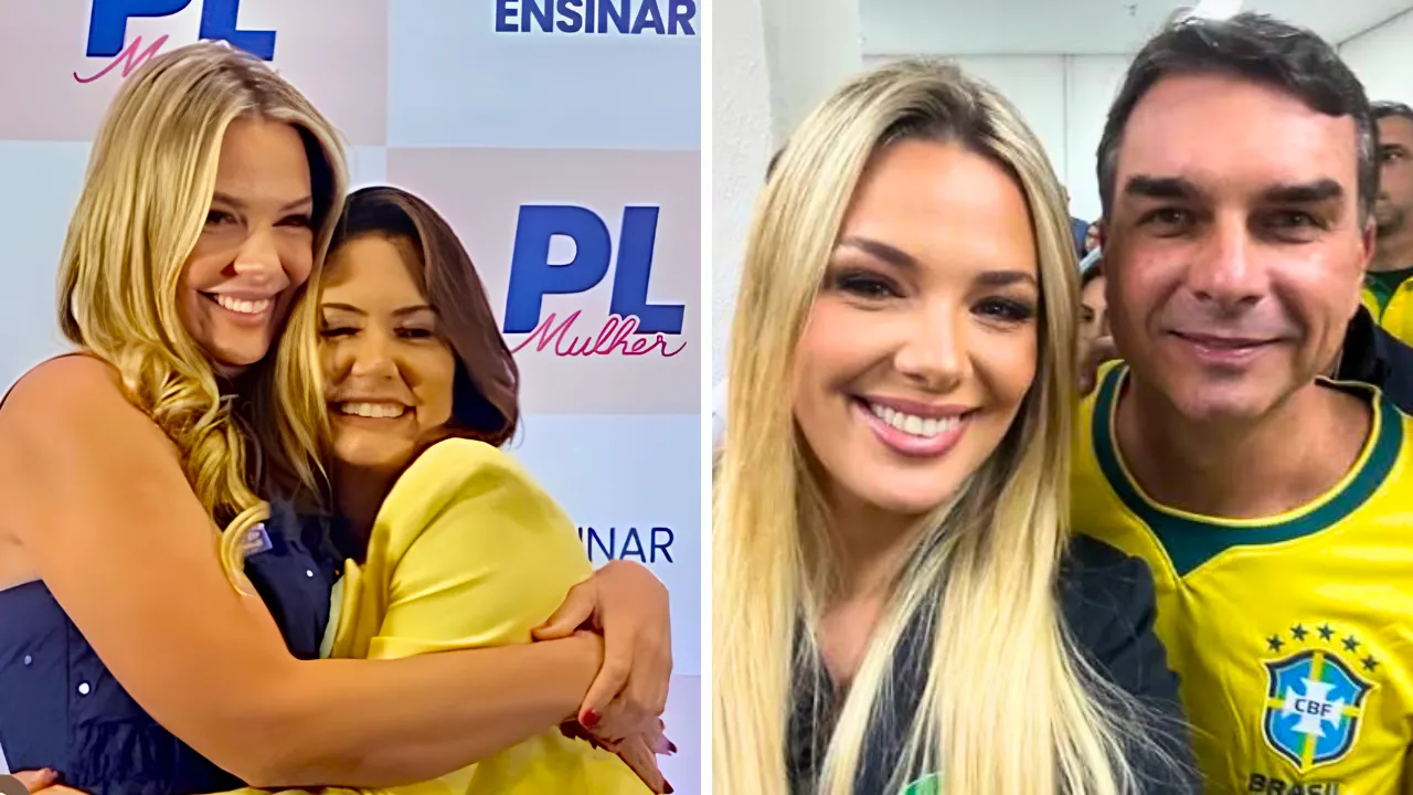 À esquerda, imagem mostra Fernanda Louback abraçada com Michelle Bolsonaro; à direita, com o senador Flávio Bolsonaro, candidato à presidente da República pelo PL