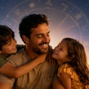 Imagem ilustrativa sobre como o filho de cada signo demonstra carinho no Dia dos Pais, com pais e filhos em momento afetivo e referências discretas aos signos do zodíaco