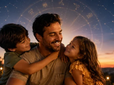 Imagem ilustrativa sobre como o filho de cada signo demonstra carinho no Dia dos Pais, com pais e filhos em momento afetivo e referências discretas aos signos do zodíaco