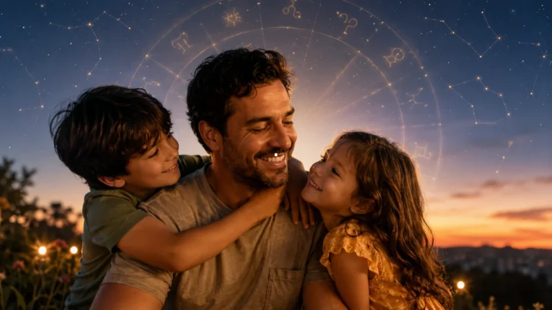 Imagem ilustrativa sobre como o filho de cada signo demonstra carinho no Dia dos Pais, com pais e filhos em momento afetivo e referências discretas aos signos do zodíaco