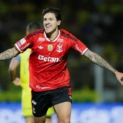 Jogadores do Flamengo comemoram durante a goleada por 5 a 1 sobre o Mirassol, neste domingo (16), pela 23ª rodada do Campeonato Brasileiro. Pedro marcou duas vezes e chegou aos 14 gols na competição