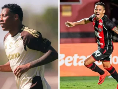 A esquerda da imagem está o jogador do Flamengo Gonzalo Plata durante treino pelo Flamengo e a direita da imagem um jogador do Vitória durante classificação contra o Athletico pela Copa do Brasil