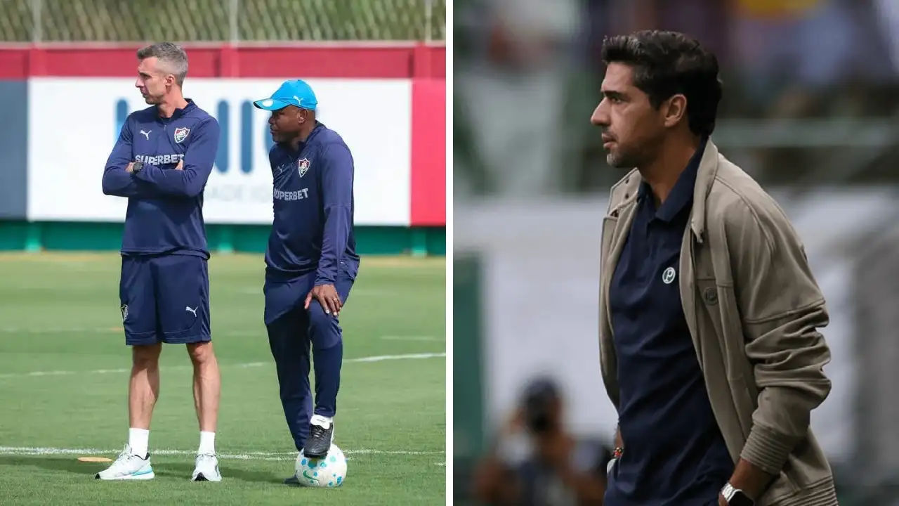 A esquerda da imagem está Marcão comandará o Fluminense neste sábado (15) após a demissão de Luís Zubeldía e a direita está o técnico do Palmeiras Abel Ferreira ao lado do campo durante partida oficial do Palmeiras A esquerda da imagem está Marcão comandará o Fluminense neste sábado (15) após a demissão de Luís Zubeldía e a direita está o técnico do Palmeiras Abel Ferreira ao lado do campo durante partida oficial do Palmeiras