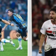 A esquerda da imagem estão jogadores do Grêmio gol contra o Mirassol na Copa do Brasil 2026 e na direita da imagem está jogador do São Paulo comemorando gol de empate contra o Flamengo pelo Brasileirão