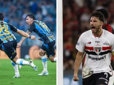 A esquerda da imagem estão jogadores do Grêmio gol contra o Mirassol na Copa do Brasil 2026 e na direita da imagem está jogador do São Paulo comemorando gol de empate contra o Flamengo pelo Brasileirão
