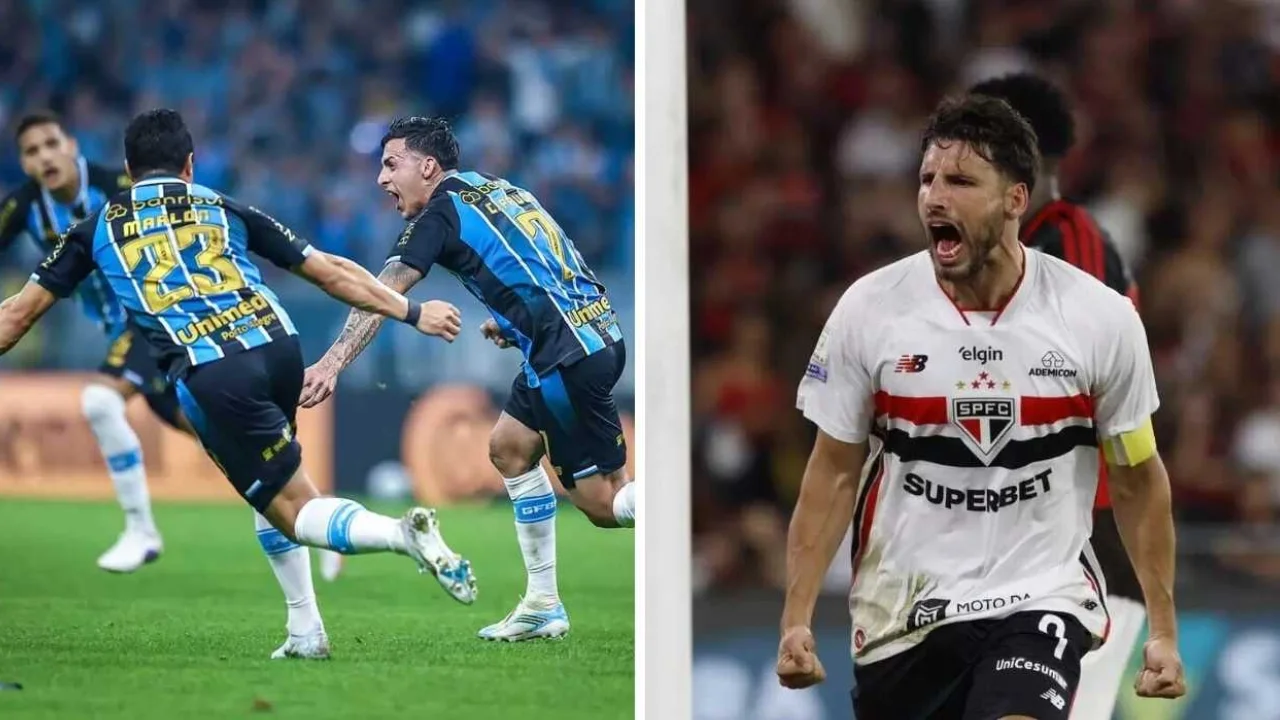 A esquerda da imagem estão jogadores do Grêmio gol contra o Mirassol na Copa do Brasil 2026 e na direita da imagem está jogador do São Paulo comemorando gol de empate contra o Flamengo pelo Brasileirão