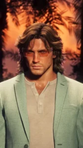 Personagem masculino de GTA 6, Jason Duval, usa blazer verde e óculos diante de cenário tropical