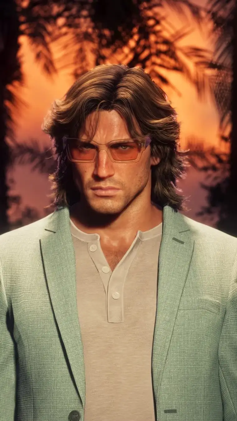 Personagem masculino de GTA 6, Jason Duval, usa blazer verde e óculos diante de cenário tropical