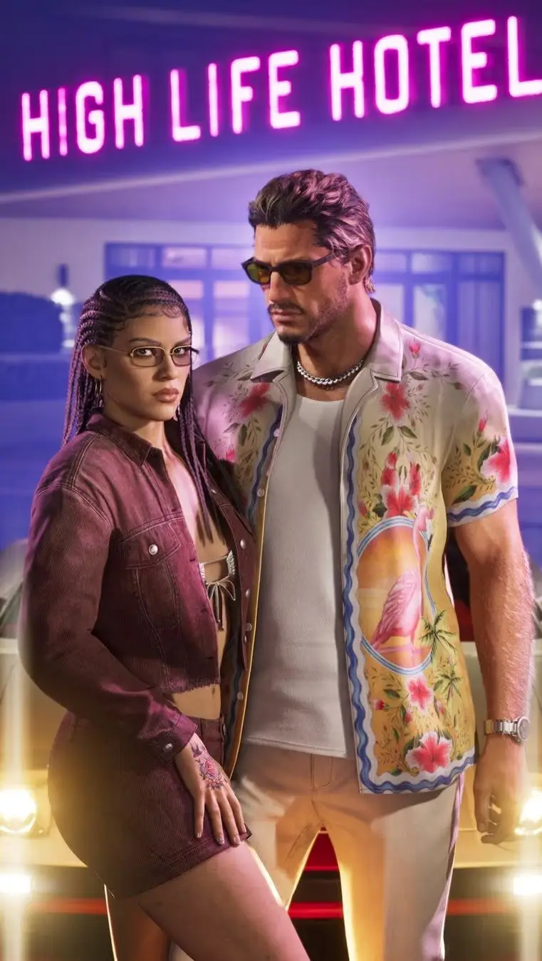 Casal de personagens de GTA 6, Lucia e Jason, posa diante do High Life Hotel em Vice City