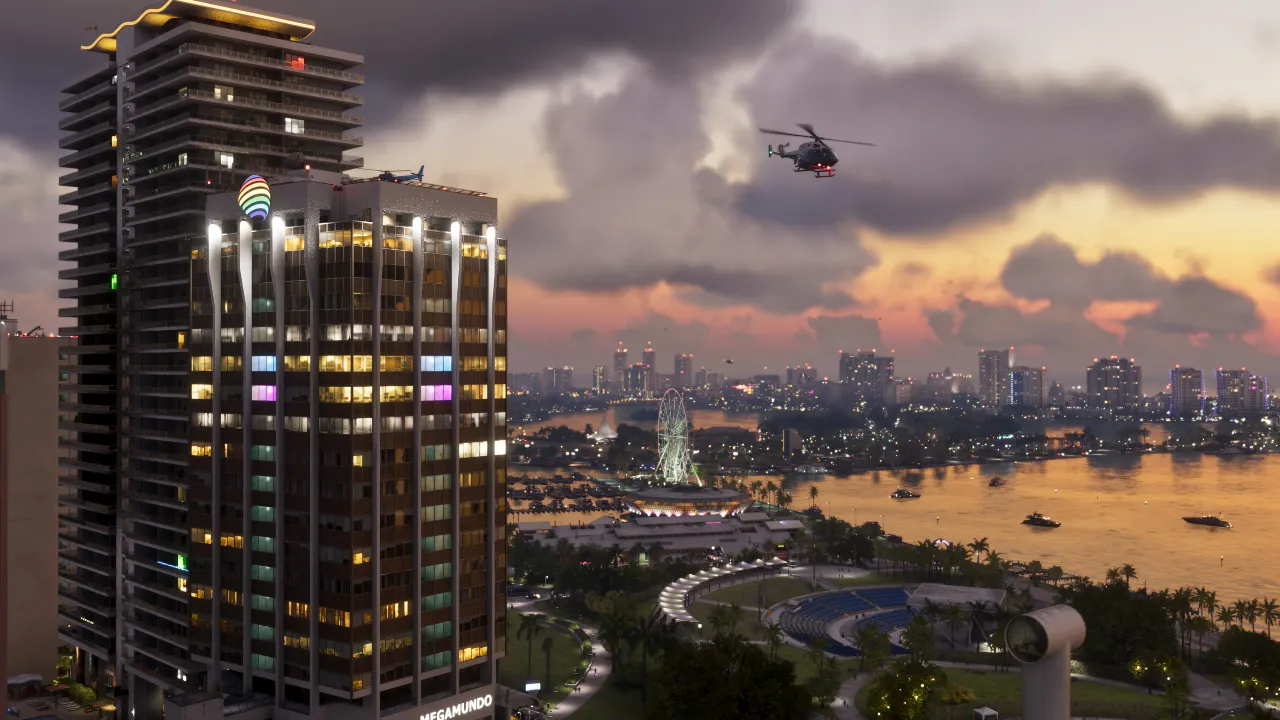Cidade de GTA 6 ao entardecer, com prédios iluminados, helicóptero e vista para a baía de Leonida