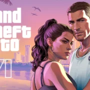 Capa arte de GTA 6 com o nome do jogo na esquerda e na direita ambos os personagens principais do jogo, Jason e Lucia