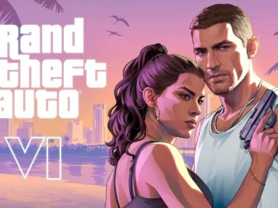 Capa arte de GTA 6 com o nome do jogo na esquerda e na direita ambos os personagens principais do jogo, Jason e Lucia