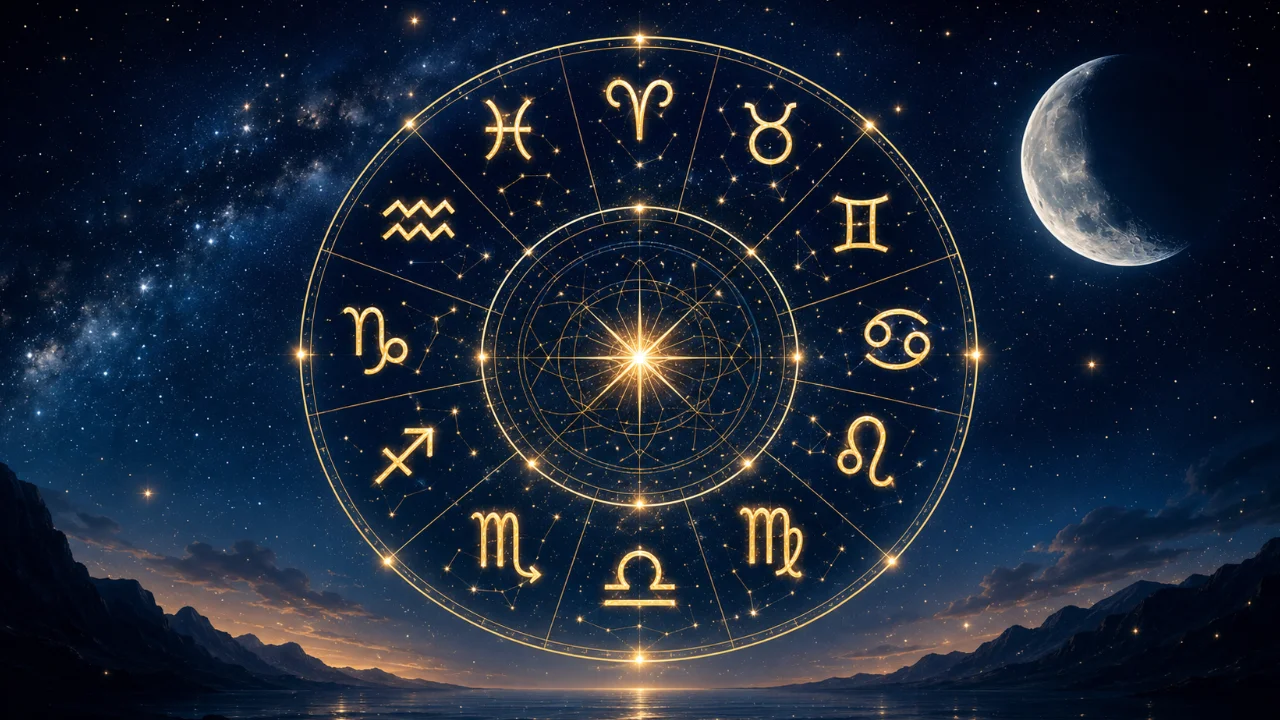 Imagem ilustrativa do horóscopo do dia 08/08/2026, com representação dos 12 signos do zodíaco em composição circular sobre céu estrelado e elementos astrológicos