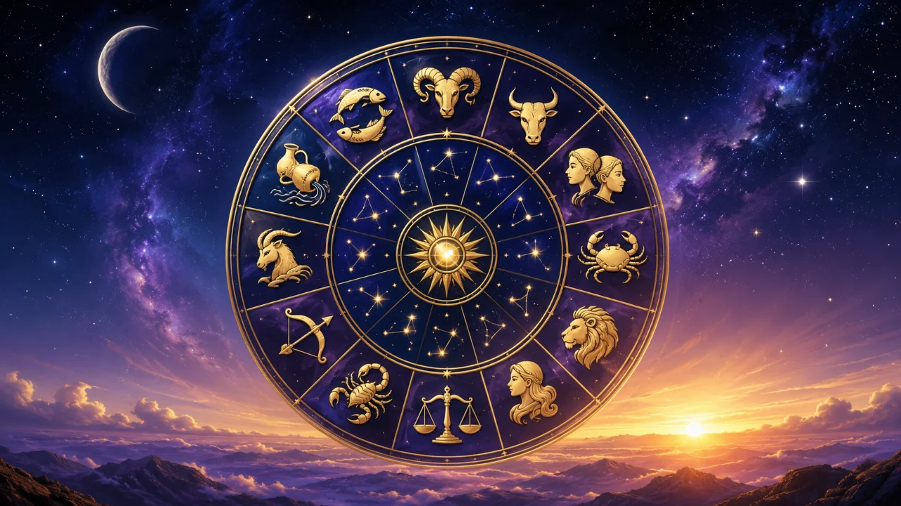 Imagem ilustrativa do horóscopo do dia 09/08/2026, com os 12 símbolos do zodíaco em composição celestial sobre céu estrelado em tons de azul e dourado