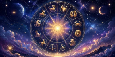 Imagem ilustrativa do horóscopo do dia 10/08/2026, com roda dos 12 signos do zodíaco sobre céu estrelado em tons de azul e dourado