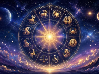 Imagem ilustrativa do horóscopo do dia 10/08/2026, com roda dos 12 signos do zodíaco sobre céu estrelado em tons de azul e dourado