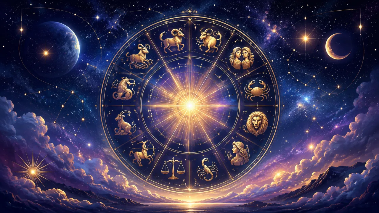 Imagem ilustrativa do horóscopo do dia 10/08/2026, com roda dos 12 signos do zodíaco sobre céu estrelado em tons de azul e dourado