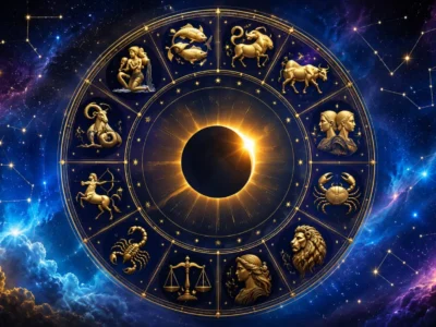 Imagem ilustrativa do horóscopo do dia 12/08/2026, com eclipse solar central, roda zodiacal e representação dos 12 signos sobre céu cósmico