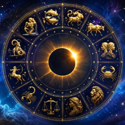 Imagem ilustrativa do horóscopo do dia 12/08/2026, com eclipse solar central, roda zodiacal e representação dos 12 signos sobre céu cósmico