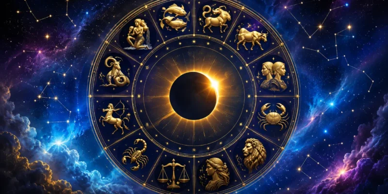 Imagem ilustrativa do horóscopo do dia 12/08/2026, com eclipse solar central, roda zodiacal e representação dos 12 signos sobre céu cósmico