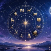 Imagem ilustrativa do horóscopo do dia 13/08/2026, com roda zodiacal, Lua e os 12 signos sobre céu cósmico em tons de azul, violeta e dourado