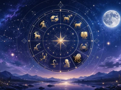 Imagem ilustrativa do horóscopo do dia 13/08/2026, com roda zodiacal, Lua e os 12 signos sobre céu cósmico em tons de azul, violeta e dourado