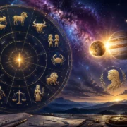 Imagem ilustrativa do horóscopo do dia 14/08/2026, com roda zodiacal, Mercúrio e Júpiter em aproximação e referências discretas à Lua em Virgem