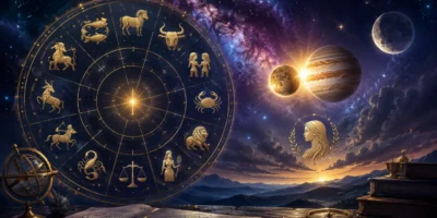 Imagem ilustrativa do horóscopo do dia 14/08/2026, com roda zodiacal, Mercúrio e Júpiter em aproximação e referências discretas à Lua em Virgem