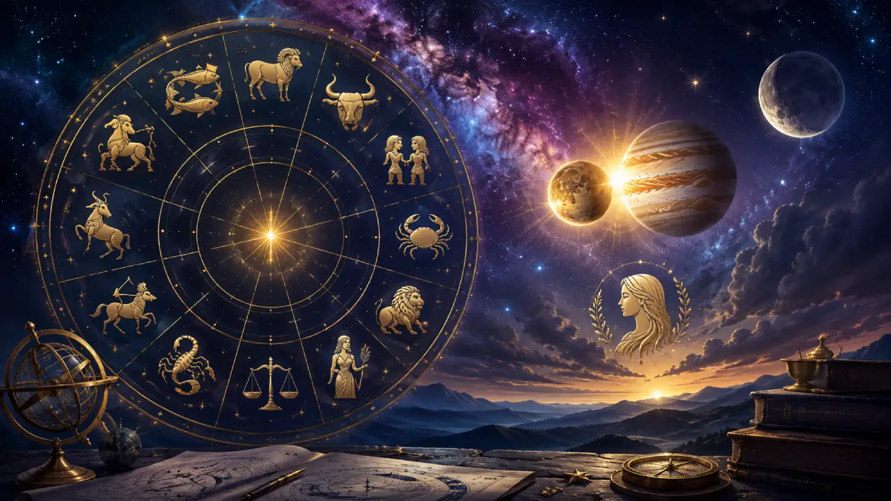 Imagem ilustrativa do horóscopo do dia 14/08/2026, com roda zodiacal, Mercúrio e Júpiter em aproximação e referências discretas à Lua em Virgem