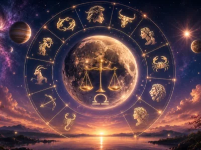Imagem ilustrativa do horóscopo do dia 16/08/2026, com roda zodiacal, Lua em Libra e referências discretas a Mercúrio e Júpiter sobre céu cósmico