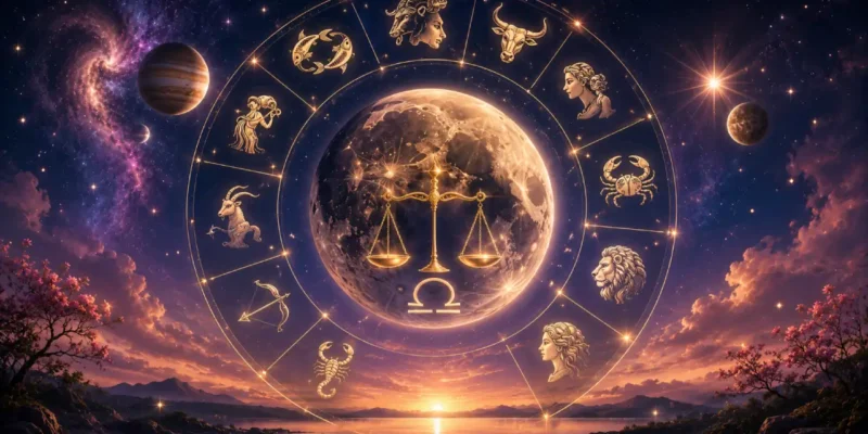 Imagem ilustrativa do horóscopo do dia 16/08/2026, com roda zodiacal, Lua em Libra e referências discretas a Mercúrio e Júpiter sobre céu cósmico