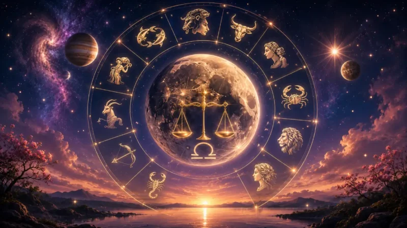 Imagem ilustrativa do horóscopo do dia 16/08/2026, com roda zodiacal, Lua em Libra e referências discretas a Mercúrio e Júpiter sobre céu cósmico