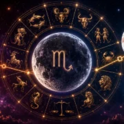 Imagem ilustrativa do horóscopo do dia 18/08/2026, com roda zodiacal, Lua em Escorpião e referências simbólicas a Marte e Júpiter sobre cenário cósmico
