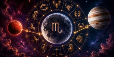 Imagem ilustrativa do horóscopo do dia 18/08/2026, com roda zodiacal, Lua em Escorpião e referências simbólicas a Marte e Júpiter sobre cenário cósmico