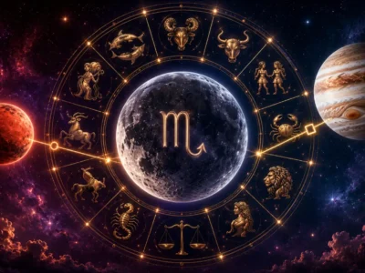 Imagem ilustrativa do horóscopo do dia 18/08/2026, com roda zodiacal, Lua em Escorpião e referências simbólicas a Marte e Júpiter sobre cenário cósmico