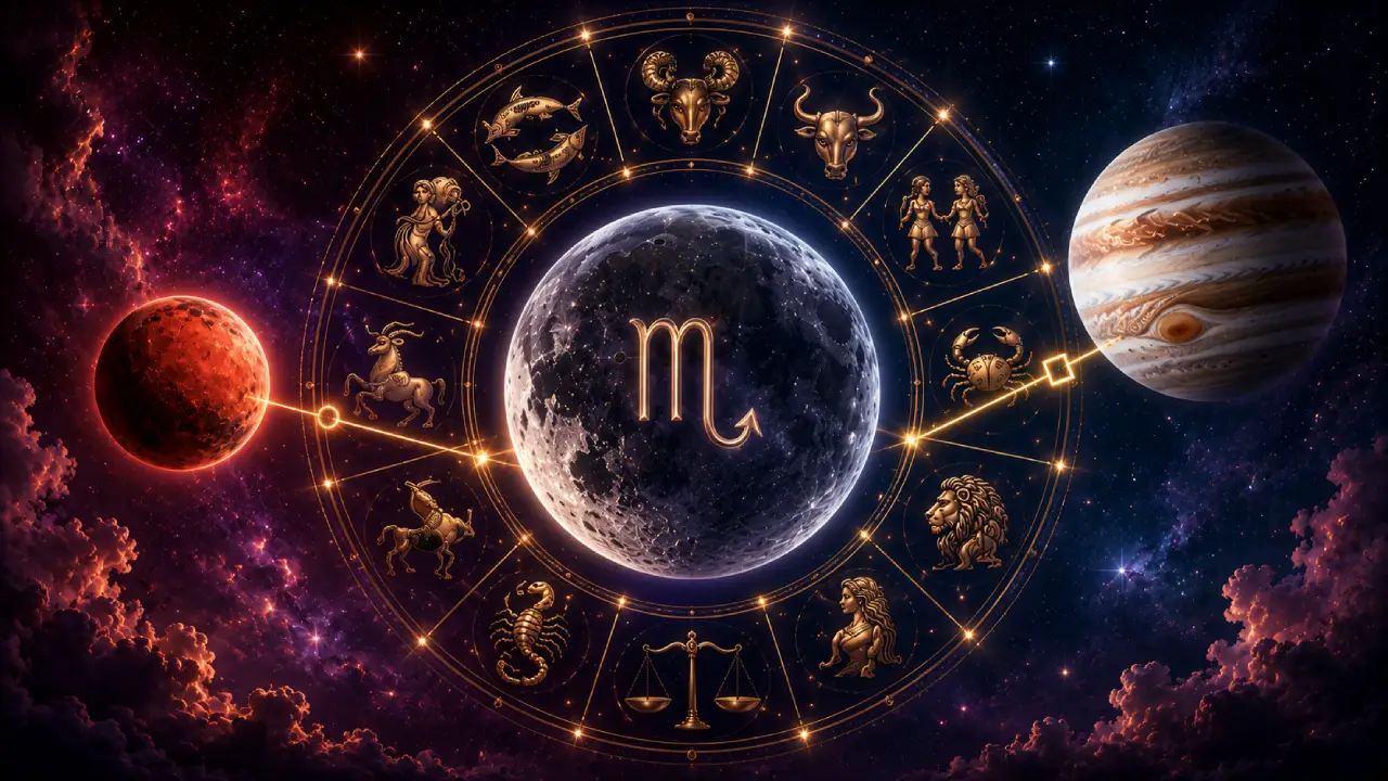 Imagem ilustrativa do horóscopo do dia 18/08/2026, com roda zodiacal, Lua em Escorpião e referências simbólicas a Marte e Júpiter sobre cenário cósmico Imagem ilustrativa do horóscopo do dia 18/08/2026, com roda zodiacal, Lua em Escorpião e referências simbólicas a Marte e Júpiter sobre cenário cósmico