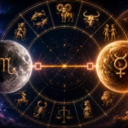 Imagem ilustrativa do horóscopo do dia 19/08/2026, representando a quadratura entre Lua em Escorpião e Mercúrio em Leão, com roda zodiacal e os 12 signos.