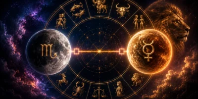 Imagem ilustrativa do horóscopo do dia 19/08/2026, representando a quadratura entre Lua em Escorpião e Mercúrio em Leão, com roda zodiacal e os 12 signos.