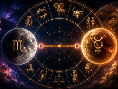 Imagem ilustrativa do horóscopo do dia 19/08/2026, representando a quadratura entre Lua em Escorpião e Mercúrio em Leão, com roda zodiacal e os 12 signos.
